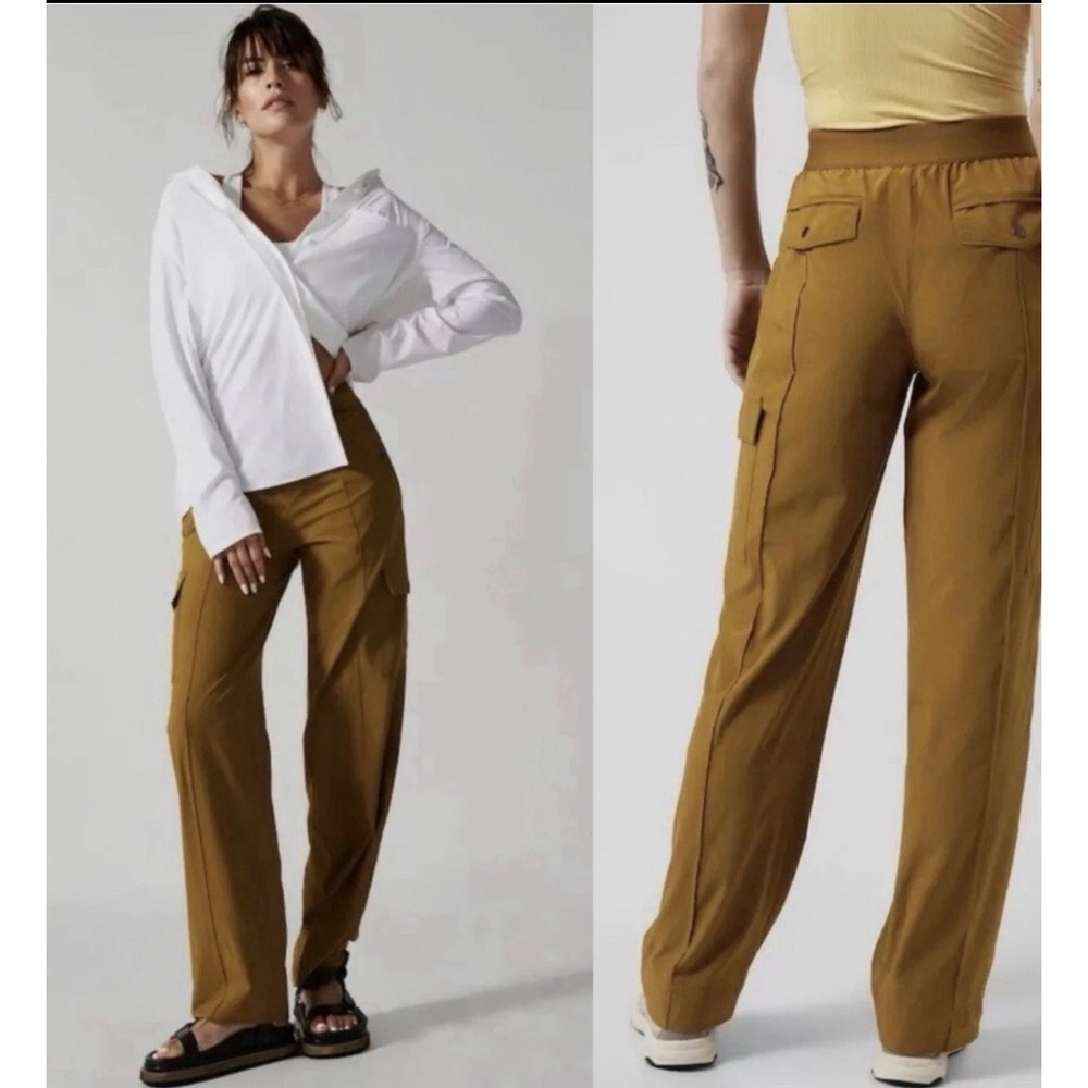Athleta Women's Vienna‎ Cargo Pants 6 Petite Brass Yellow Wide Leg Elastic Waist